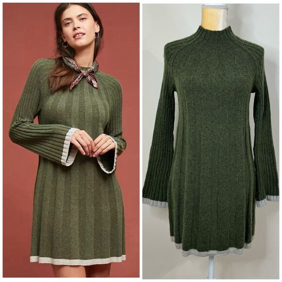 Anthropologie Arsenau Sweater Dress Size XS Moss Green Baby Alpaca Wool Blend - Picture 1 of 12